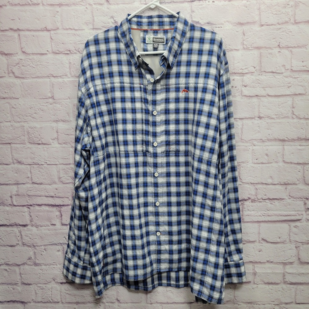 Simms Blue Plaid Fishing Shirt Mens XXL Button Up Outdoor Hiking‎ Gorpcore Tech